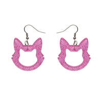 Cat Head Solid Glitter Resin Drop Earrings in Pink