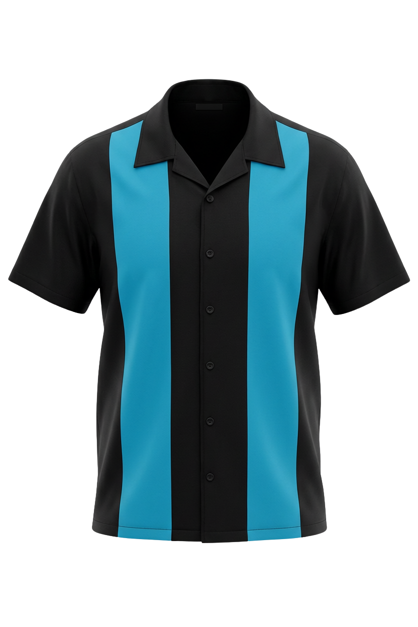Poplin Double Panel Bowling Shirt in Black/Turquoise