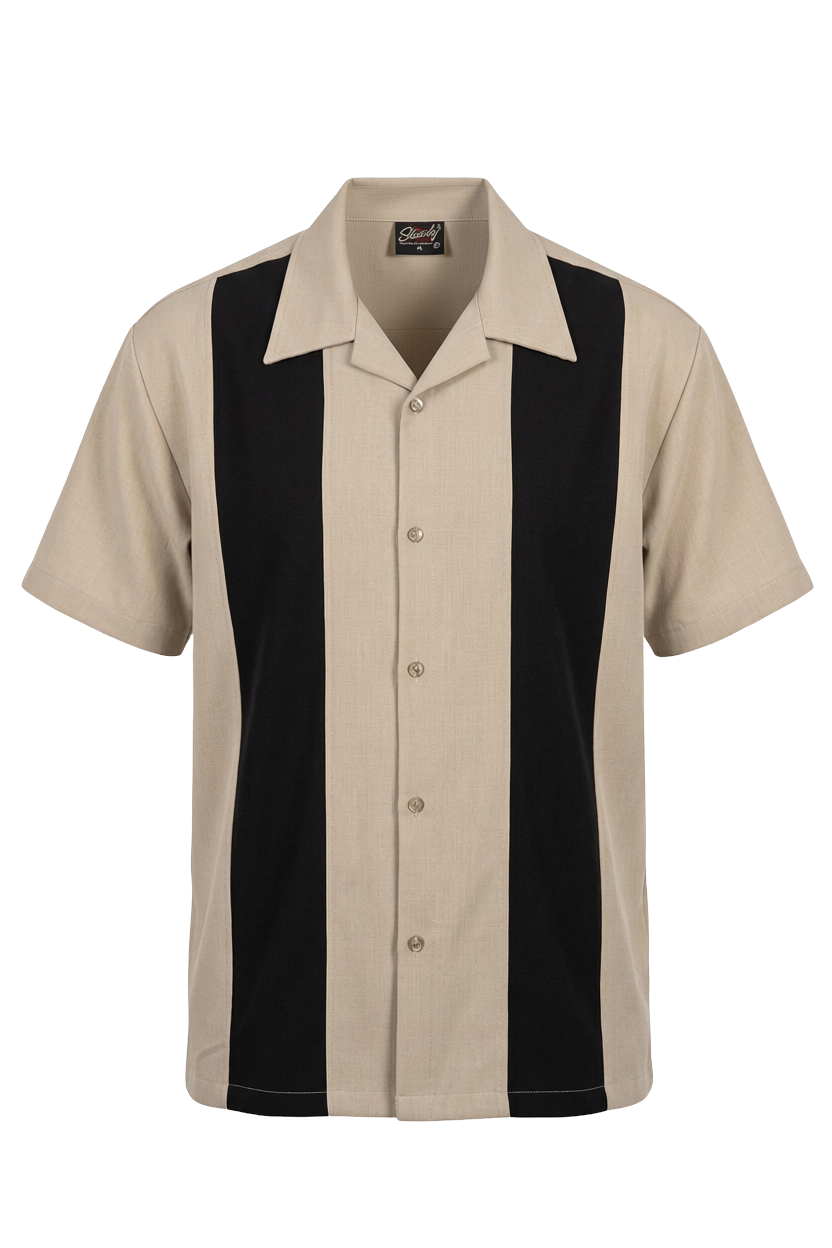 PopCheck Double Panel Bowling Shirt in Stone/Black
