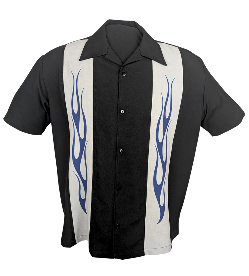 Flame N Hot Bowling Shirt in Black w/Silver/Blue