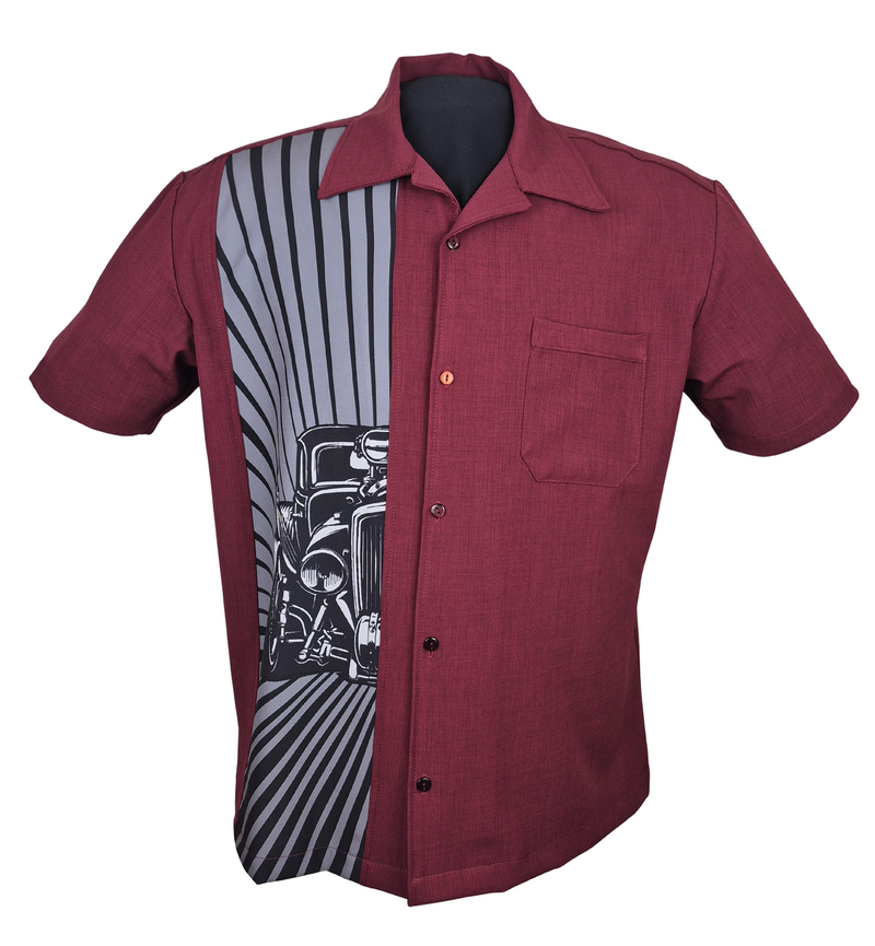 Hot Rod Burst Bowling Shirt in Burgundy