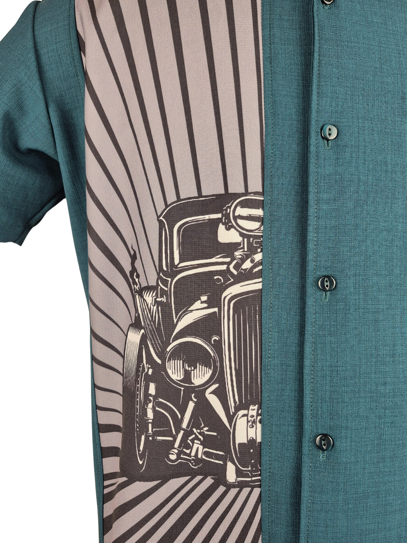 Hot Rod Burst Bowling Shirt in Teal