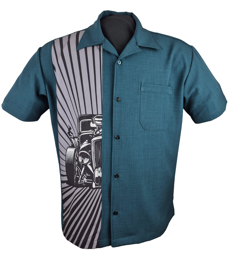 Hot Rod Burst Bowling Shirt in Teal