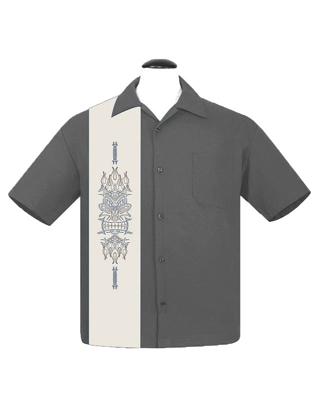 Pinstripe Tiki Panel Bowling Shirt in Charcoal/Cream