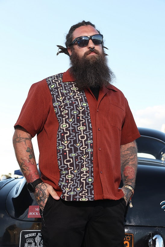 Mod Martini Panel Bowling Shirt in Rust 3X Mod Martini Panel Bowling Shirt in Rust 3X