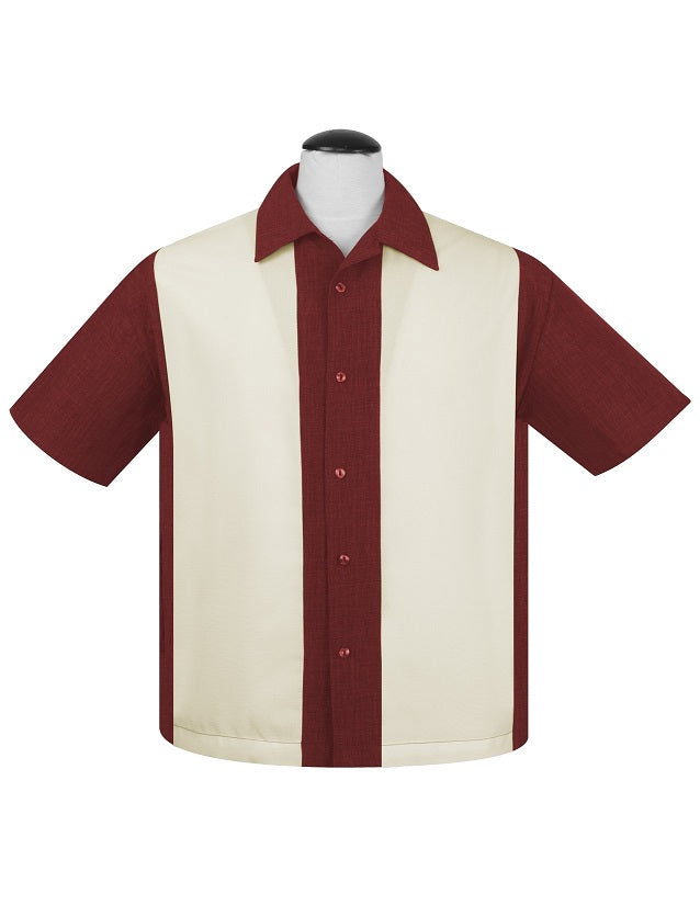 PopCheck Wide Double Panel Button Up in Burgundy/Stone Bowling Shirt