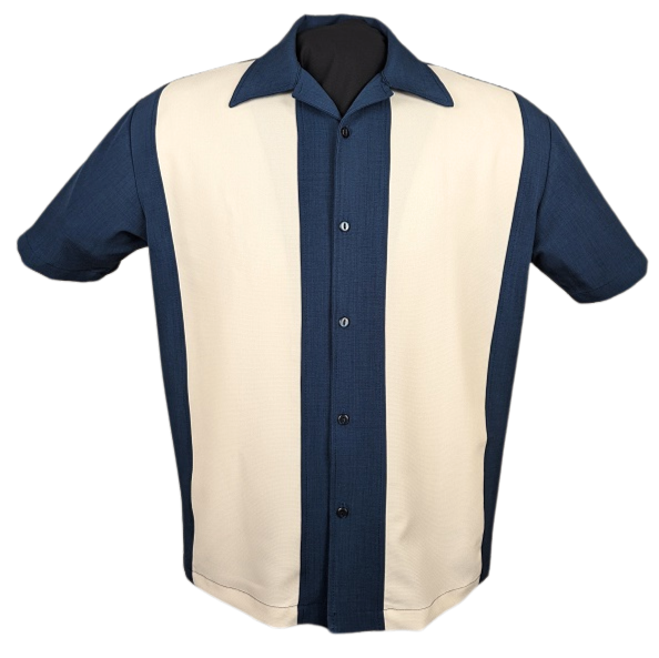 Shop PopCheck Wide Double Panel Button Up in Denim/Cream Bowling Shirt |  Steady Clothing