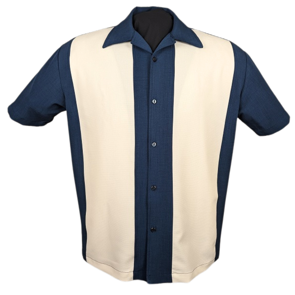 PopCheck Wide Double Panel Button Up in Denim/Cream Bowling Shirt