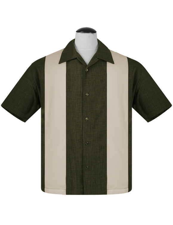 PopCheck Double Panel Bowling Shirt in Olive/Stone