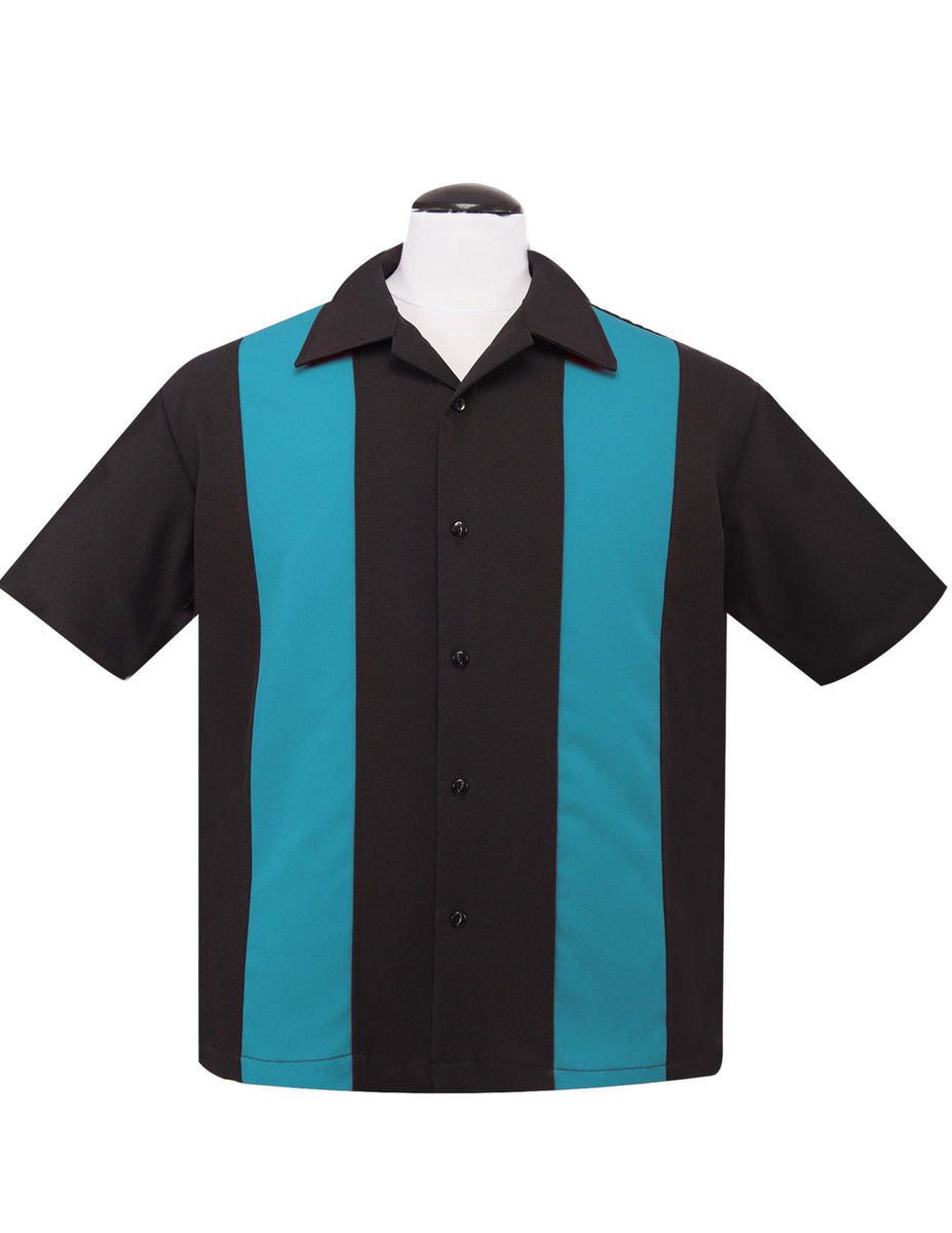 Shop Poplin Double Panel Bowling Shirt in Black/Turquoise Online ...