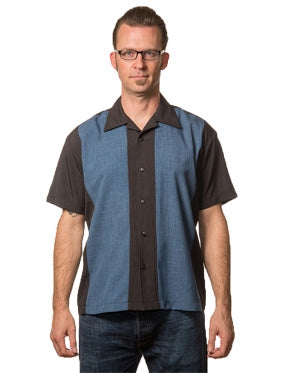 Shop PopCheck Wide Double Panel Button Up in Black/Blue Bowling Shirt ...