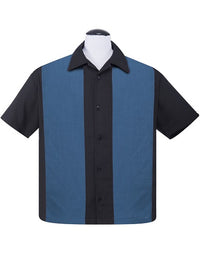 PopCheck Wide Double Panel Button Up in Black/Blue Bowling Shirt