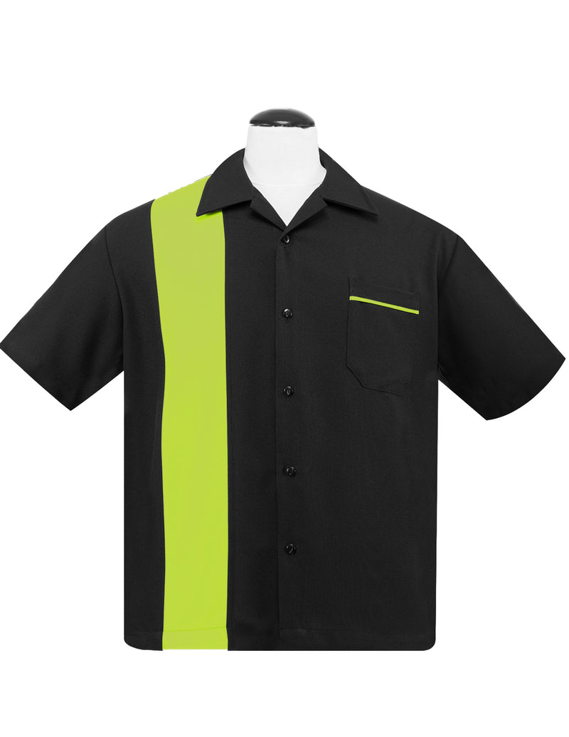 Poplin Single Panel Bowling Shirt in Black/Lime Green