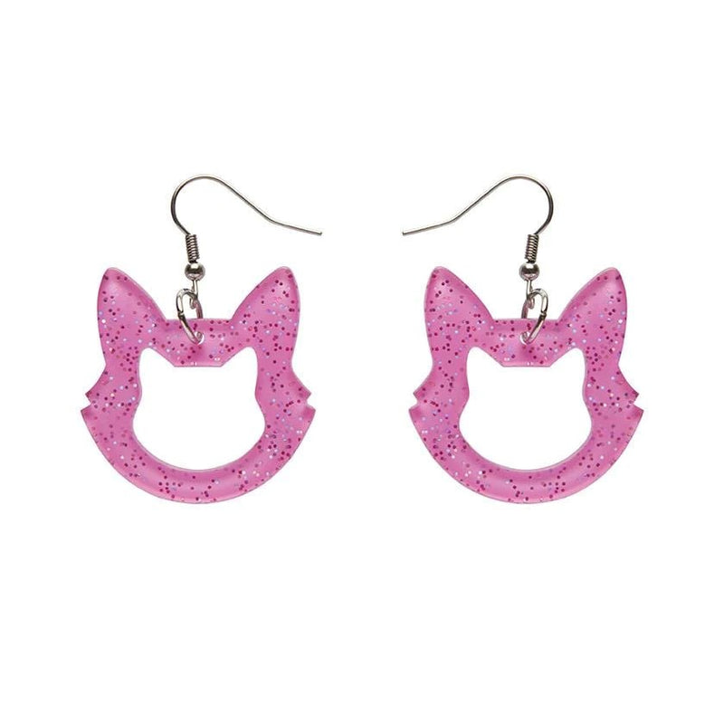 Cat Head Solid Glitter Resin Drop Earrings in Pink