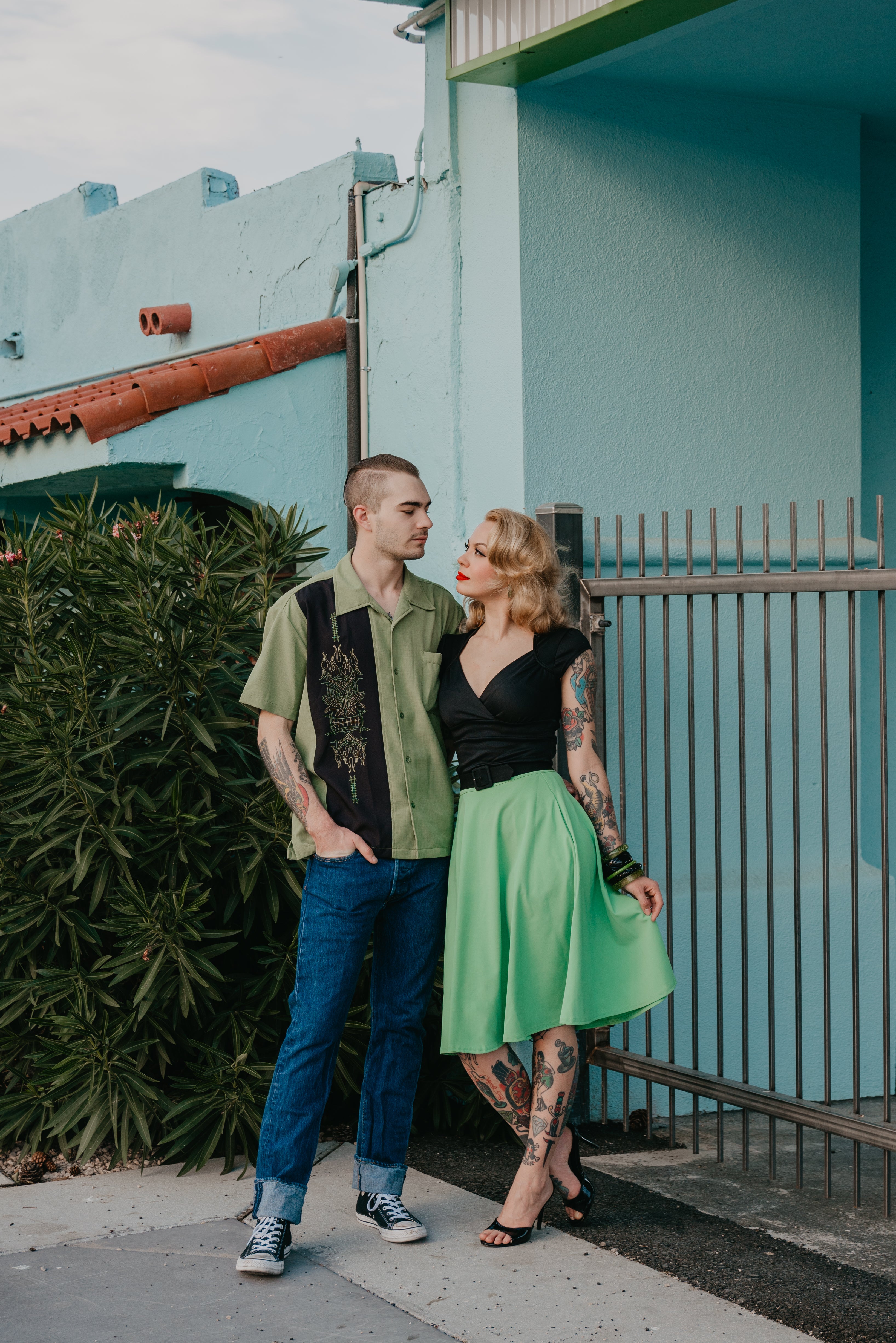 Shop Pinstripe Tiki Panel Bowling Shirt in Green | Steady Clothing