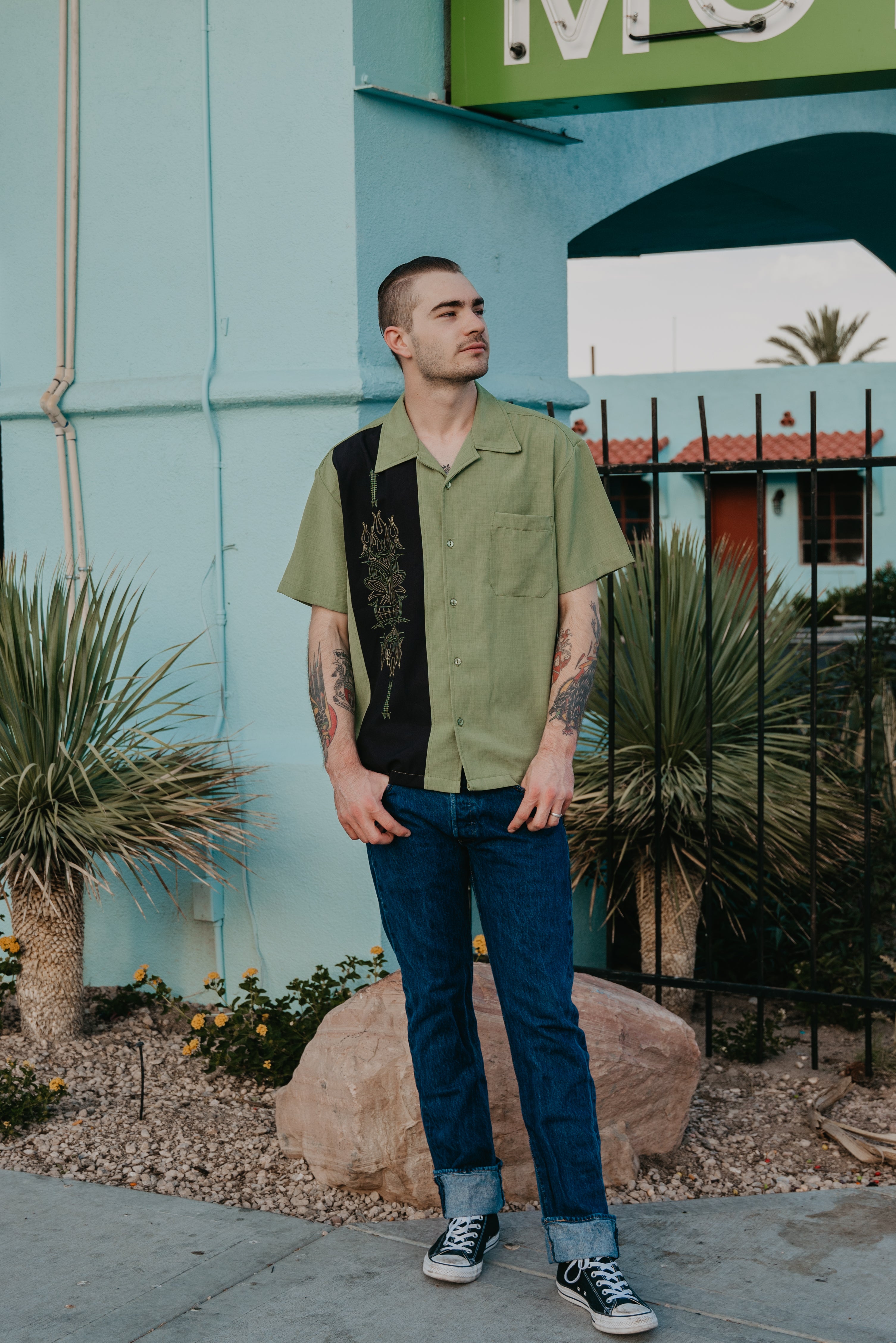 Shop Pinstripe Tiki Panel Bowling Shirt in Green | Steady Clothing