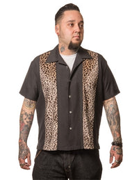 Leopard Panel Bowling Shirt in Black