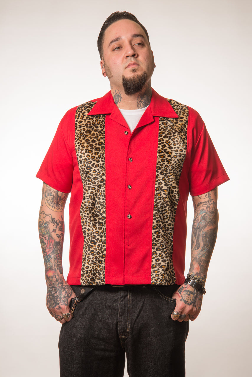 Red & Leopard Print Panel Bowling Shirt Red & Leopard Print Panel Bowling Shirt