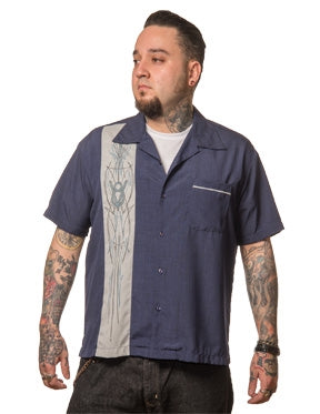 V8 Pinstripe Panel Bowling Shirt in Navy