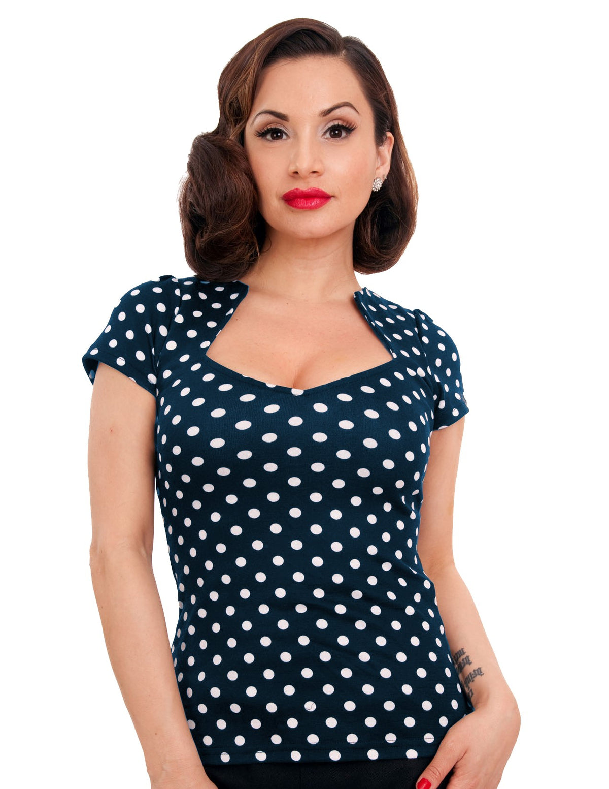 navy white polka dot blouse