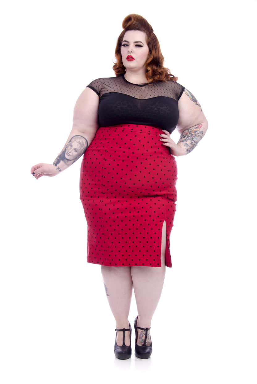 Shop High Waisted Red Polka Dot Pencil Skirt Steady Clothing