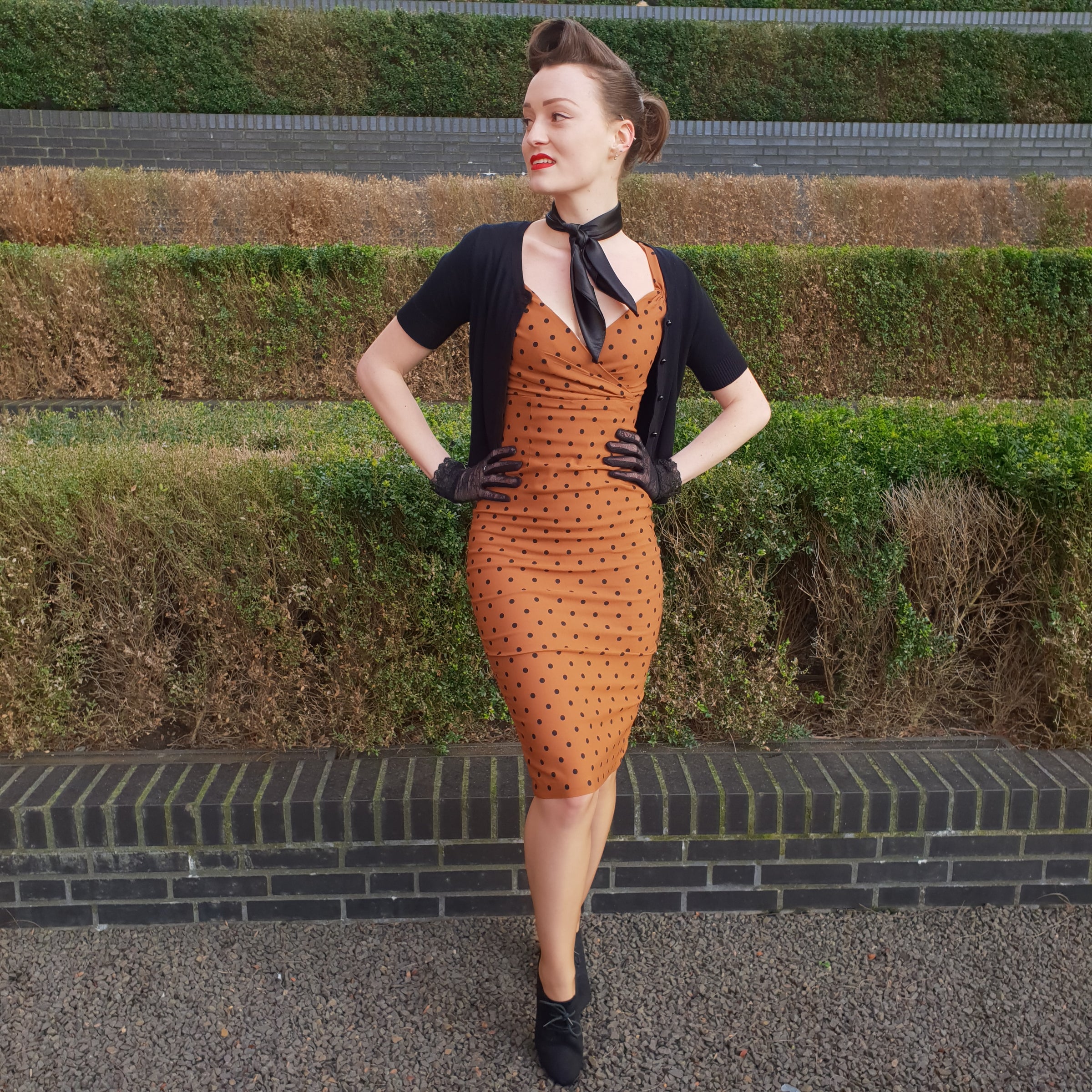 orange and black polka dot dress Orange & Black Polka Dot Midi Dress Long Sleeve Retro Style with Pockets (2XS6XL) 2XL