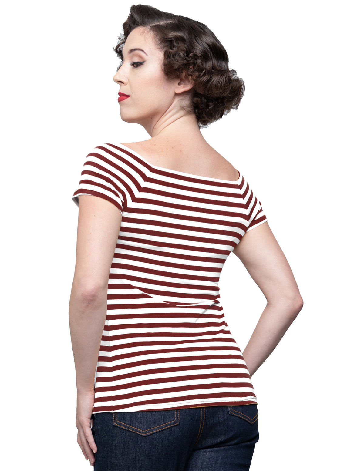 Shop Burgundy Striped Short Sleeve Off Shoulder Top