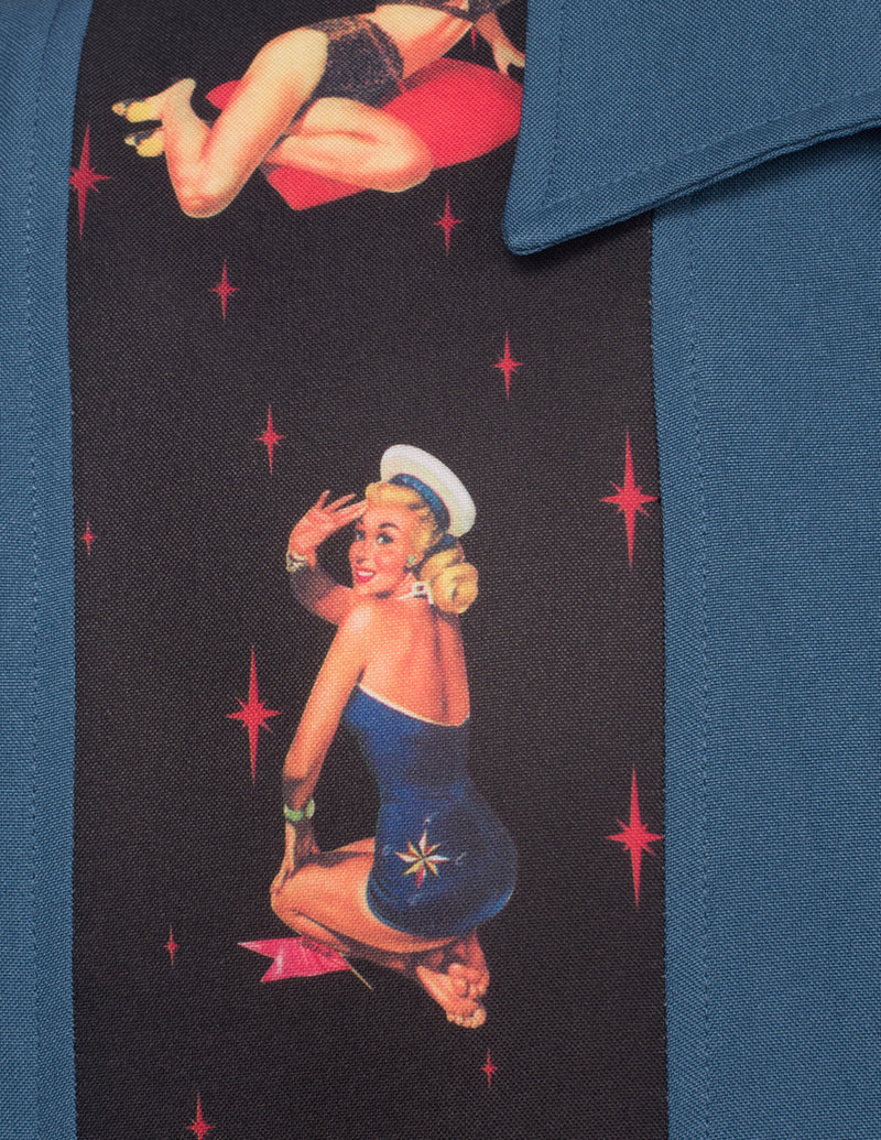 Shop Multi Pinup Panel Bowling Shirt in Blue Steady Clothing
