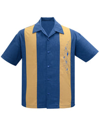 Mid Century Marvel Bowling Shirt in Blue/Mustard