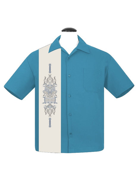 Pinstripe Tiki Panel Bowling Shirt in Pacific