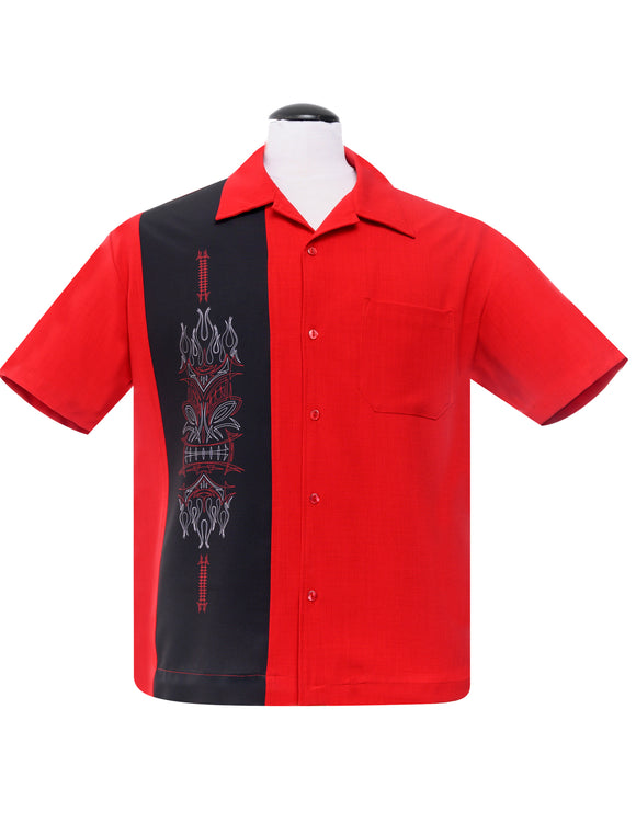 Pinstripe Tiki Panel Bowling Shirt in Red