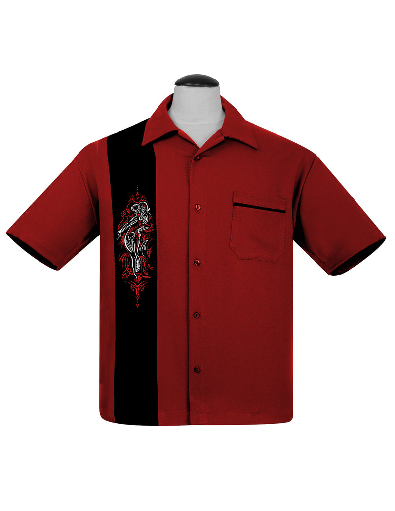Pinstripe Pinup Panel Bowling Shirt in Red