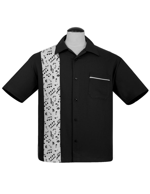 Music Note Print Panel Bowling Shirt in Black/White