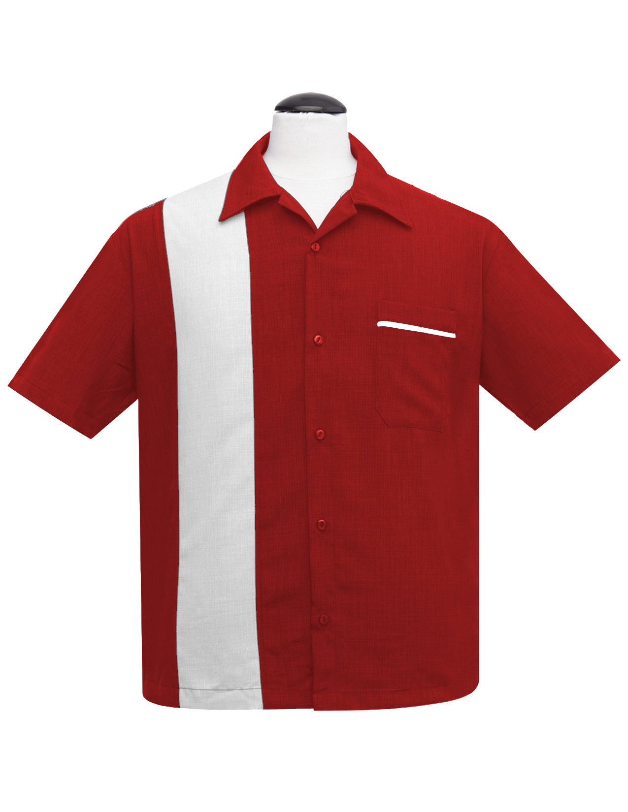 Red and White Button-Up Bowling Shirt