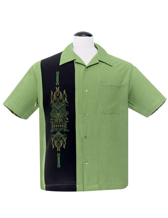 Pinstripe Tiki Panel Bowling Shirt in Green